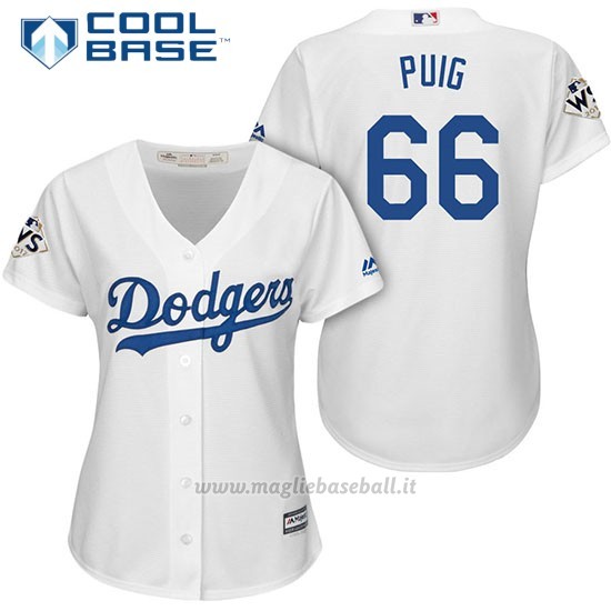 Maglia Baseball Donna Los Angeles Dodgers 2017 World Series Yasiel Puig Bianco Cool Base